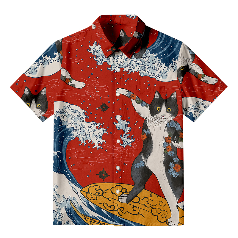 Tokyocanvas Surfing Tattooed Cat Button-up Shirt