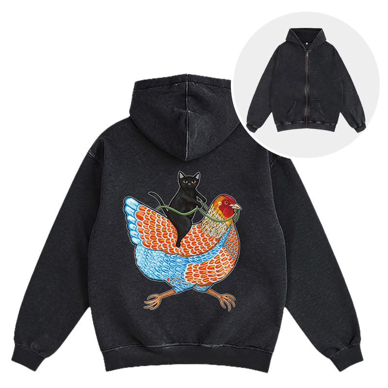 Tokyocanvas Black Cat On a Wyandotte Chicken Washed Zip Hoodie