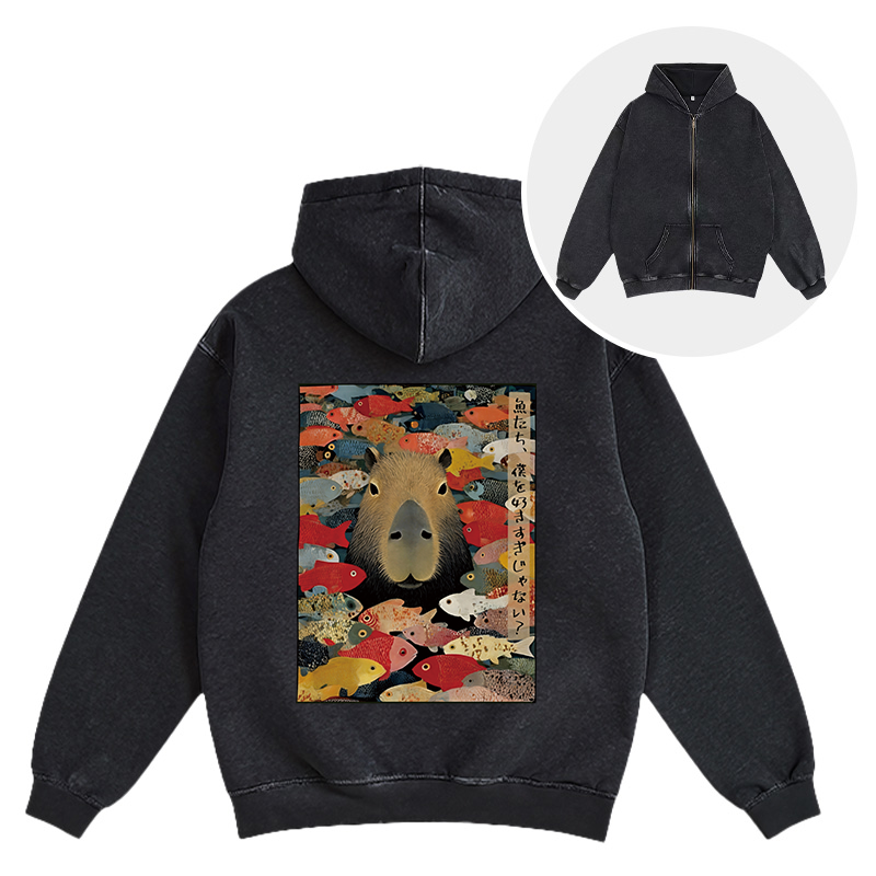 Tokyocanvas Am I Too Lovable Capybara Washed Zip Hoodie