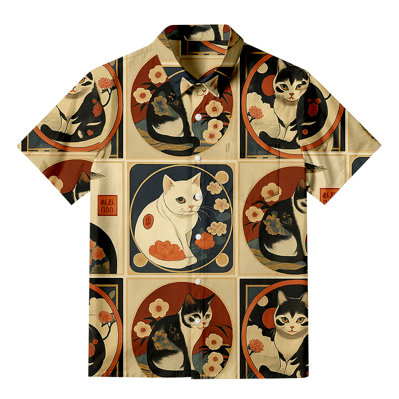 Tokyocanvas Meiji Era Cat All-over Pattern Ukiyo-e Button-up Shirt