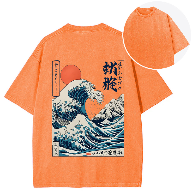 Tokyocanvas Ukiyo-e Ocean Waves Japan Back Washed T-Shirt