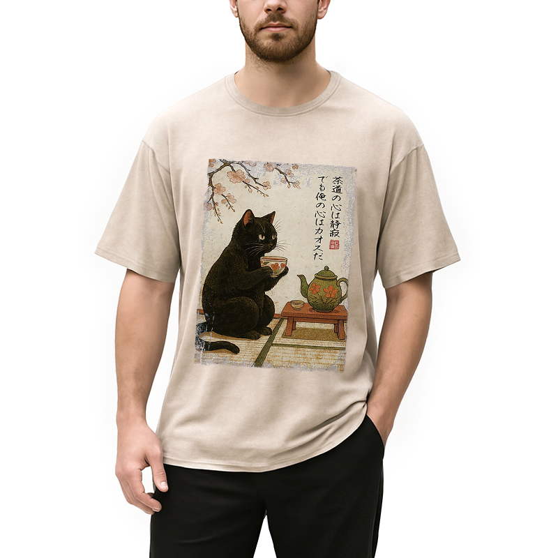 Tokyocanvas Tea Time With A Black Cat Washed T-Shirt