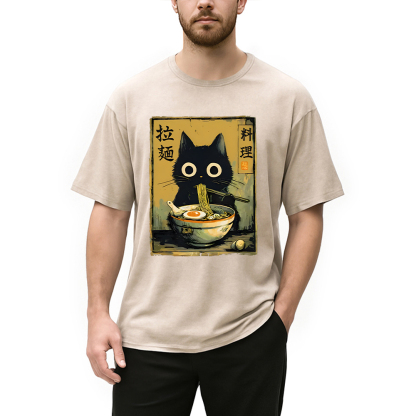 Tokyocanvas Cute Black Cat Eating Ramen Washed T-Shirt