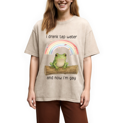 Tokyocanvas I Drank Tap Water Now I'm Gay Funny Frog Washed T-Shirt
