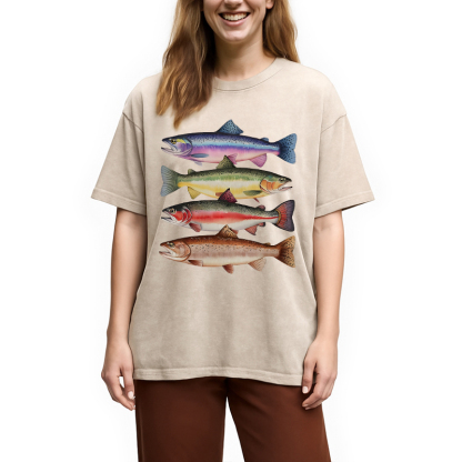 Tokyocanvas Colorful Rainbow Trout Fish Washed T-Shirt