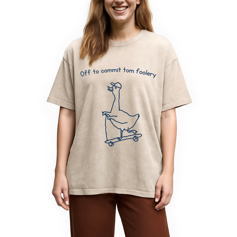 Tokyocanvas Off to Commit Tom Foolery Goose Funny Washed T-Shirt