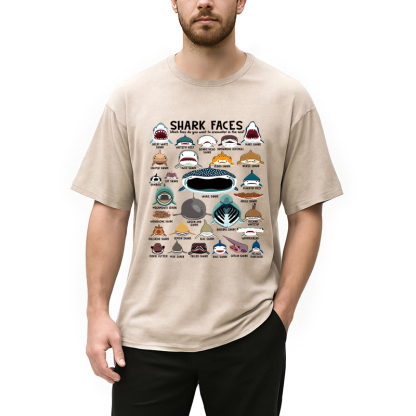 Tokyocanvas Shark Faces Marine Sea Life Washed T-Shirt