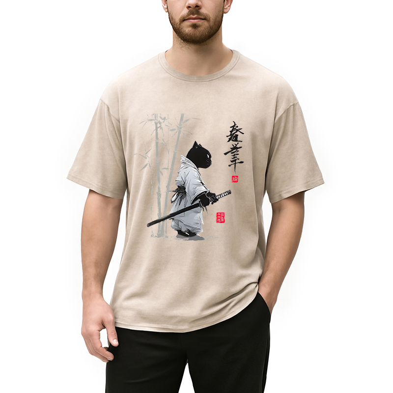 Tokyocanvas Samurai Cat Japanese Kanji Washed T-Shirt