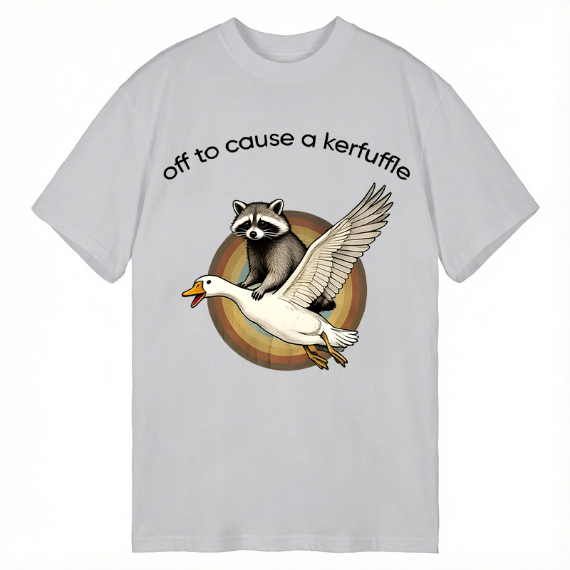 Tokyocanvas Off To Cause A Kerfuffle Funny Raccoon Riding Silly Goose Classic T-Shirt