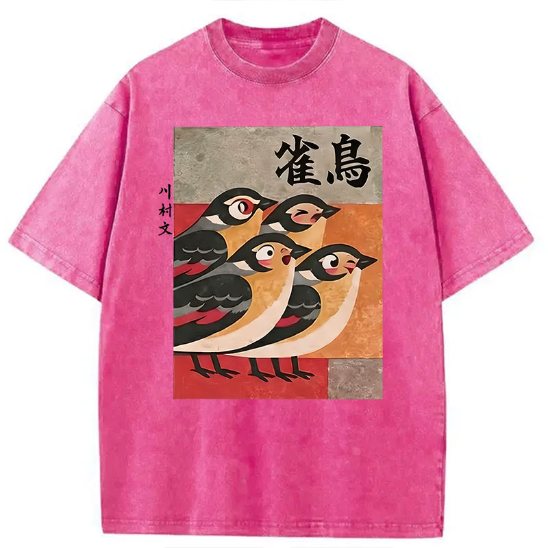 Tokyocanvas Cute Sparrows Washed T-Shirt