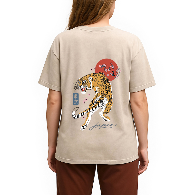 Tokyocanvas Tiger Blossom Japanese Sakura Back Washed T-Shirt