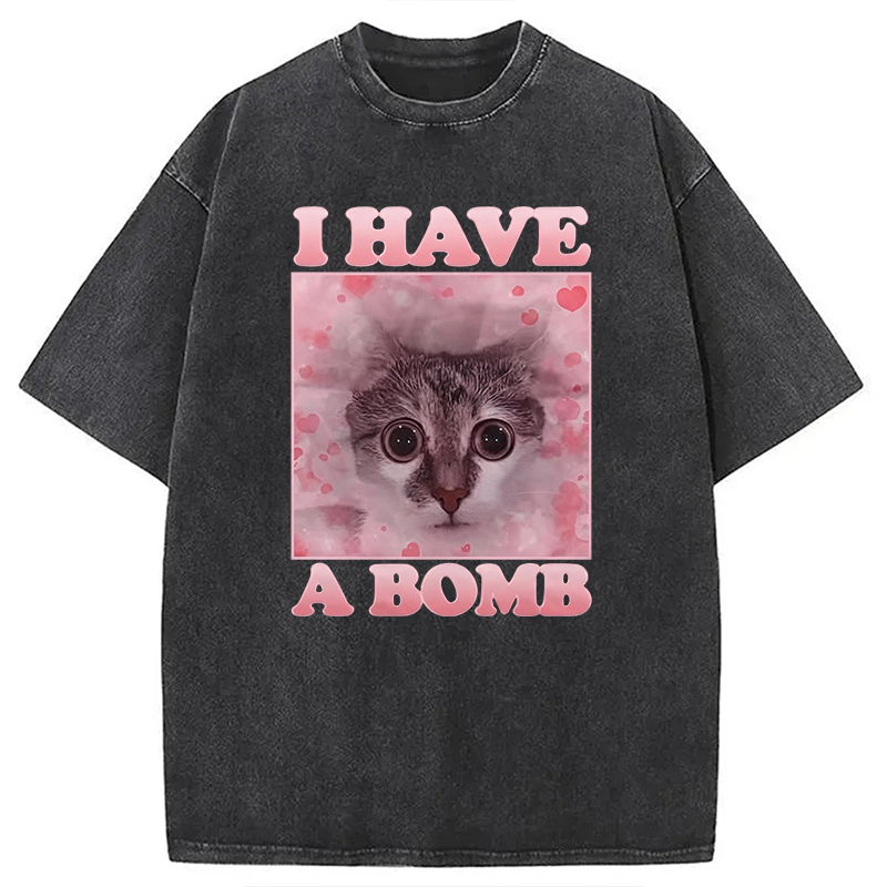 Tokyocanvas I Have a Bomb Funny Cat Dank Meme Washed T-Shirt