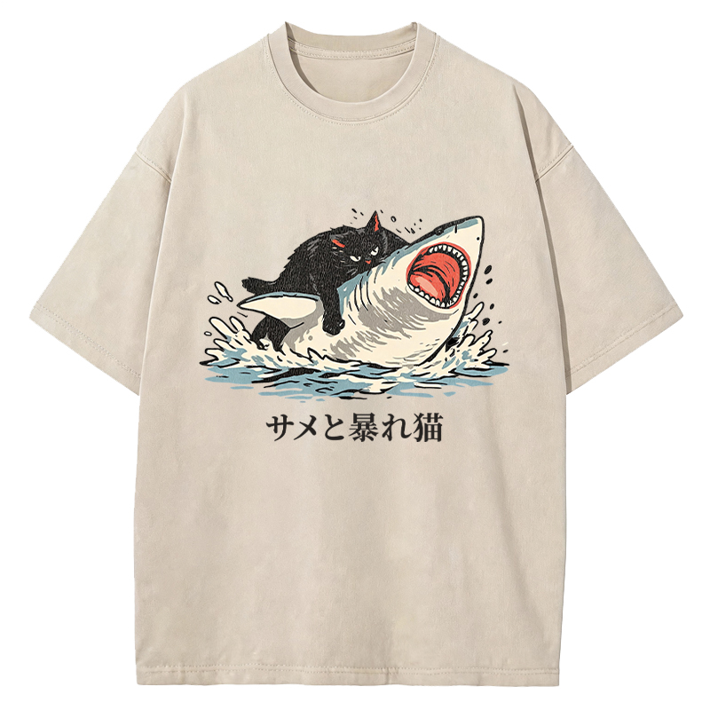 Tokyocanvas Fat Cat Vs Shark Washed T-Shirt