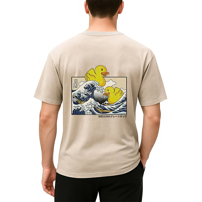 Tokyocanvas Ukiyoe Waves And Cute Yellow Duck Back Washed T-Shirt