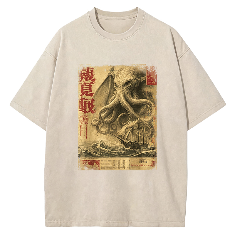 Tokyocanvas Cthulhu Kraken Vintage Japanese Sea Monster Newspaper Washed T-Shirt