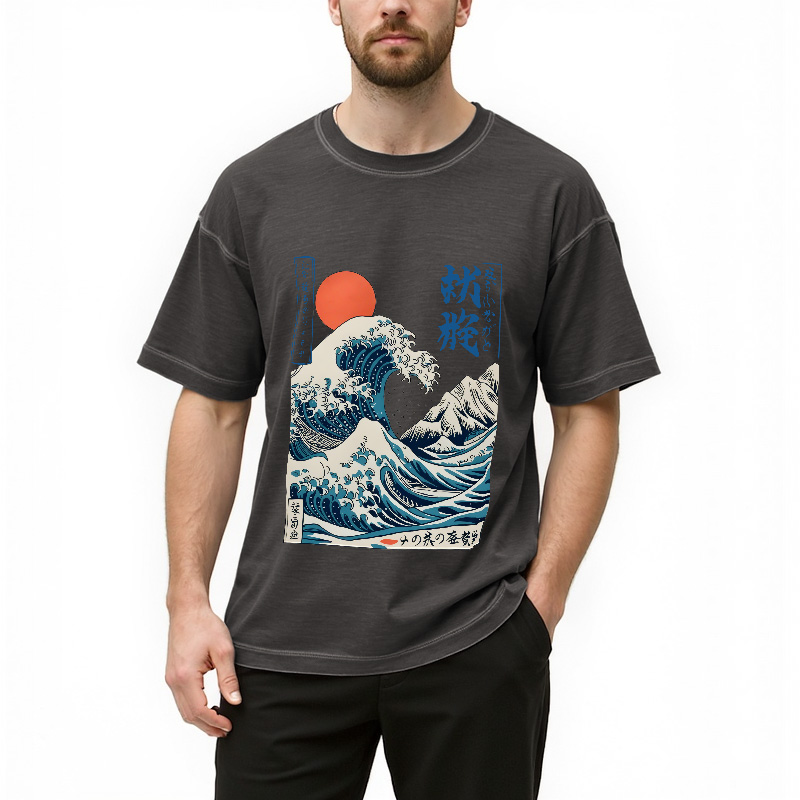 Tokyocanvas Ukiyo-e Ocean Waves Japan Gradient Washed T-Shirt
