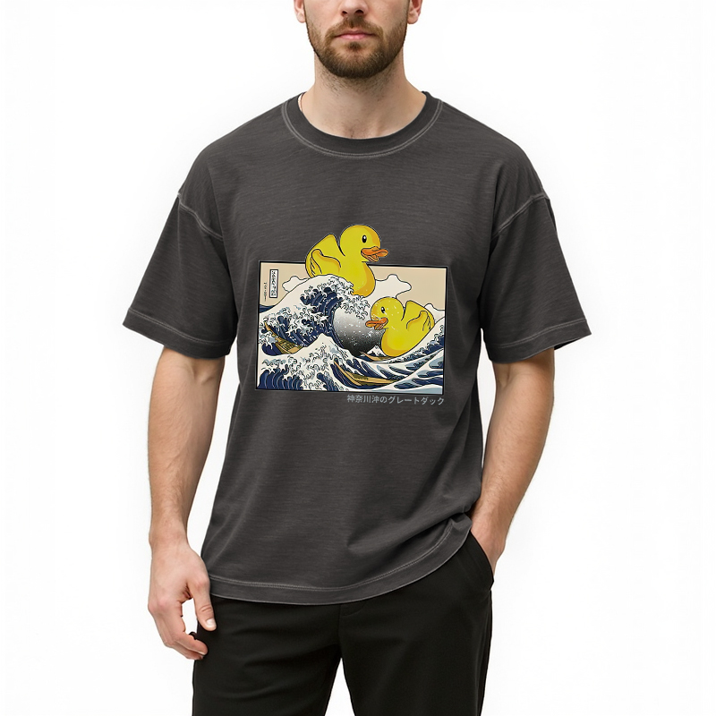 Tokyocanvas Ukiyoe Waves And Cute Yellow Duck Gradient Washed T-Shirt
