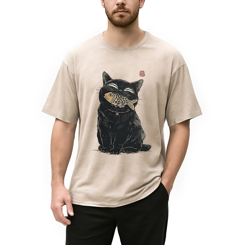 Tokyocanvas Happy Black Cat Washed T-Shirt