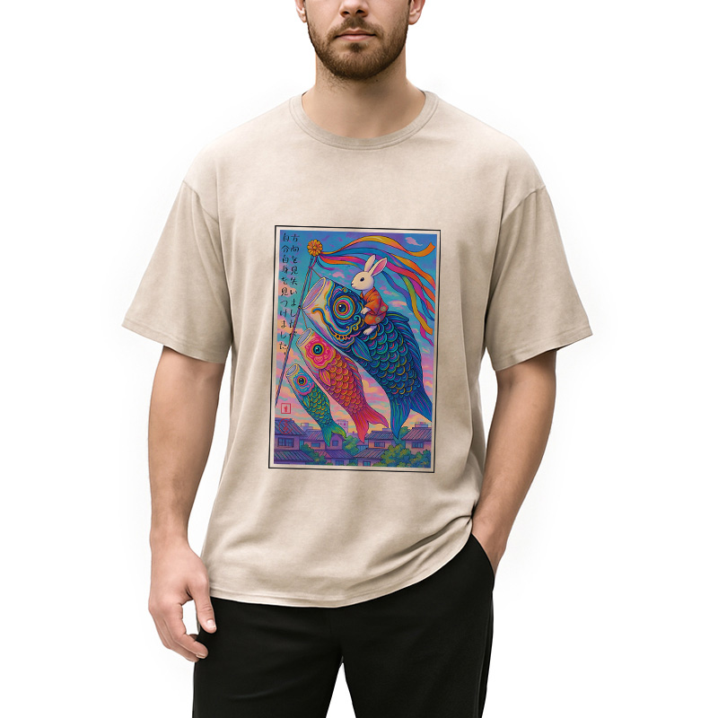 Tokyocanvas Ukiyoe Rabbit Ride Carp streamer Poster Washed T-Shirt