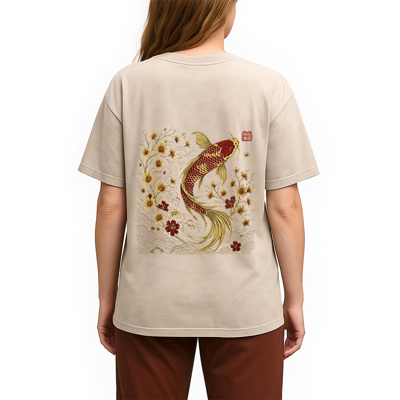Tokyocanvas Vintage Sakura And Koi Back Washed T-Shirt