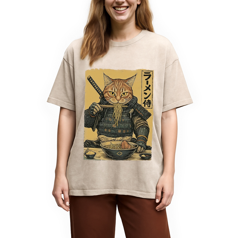Tokyocanvas Cat General Eating Ramen Washed T-Shirt
