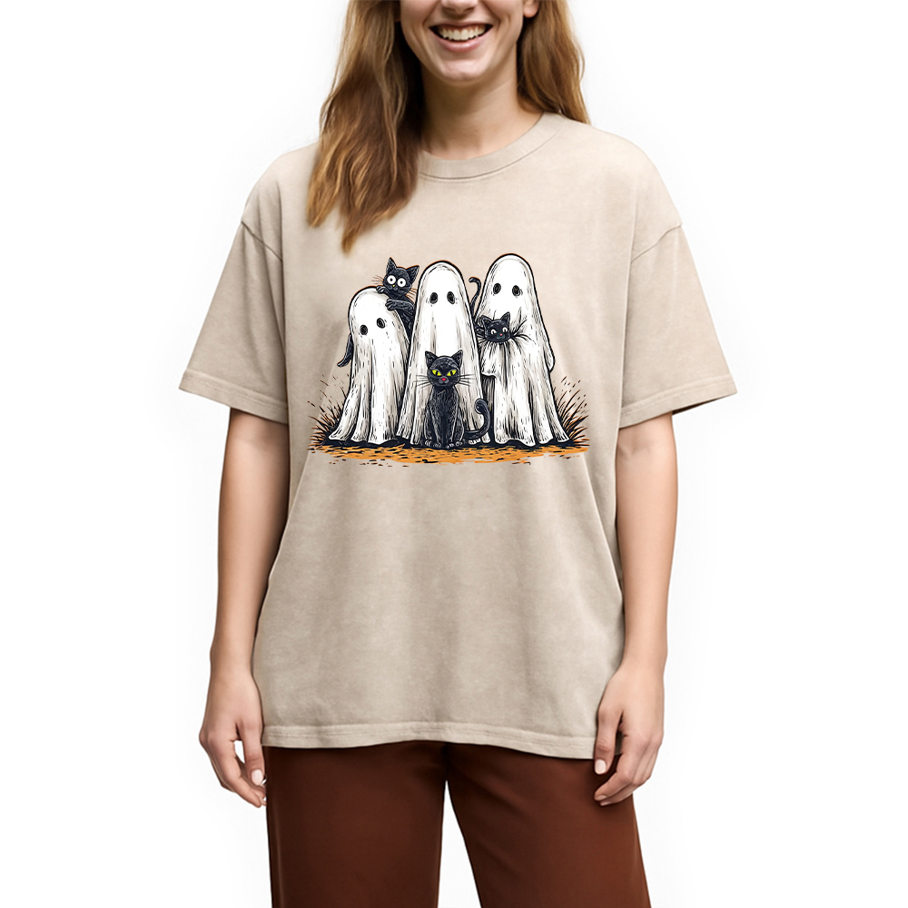 Tokyocanvas Black Cat Ghost Halloween Washed T-Shirt