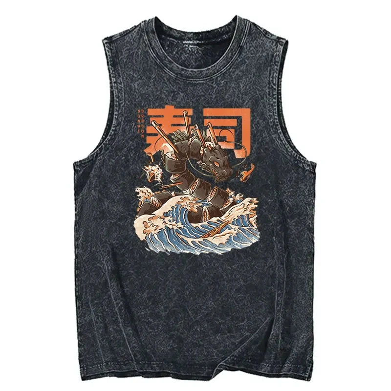 Tokyocanvas The Great Wave Sushi Dragon Cotton Wash Tank