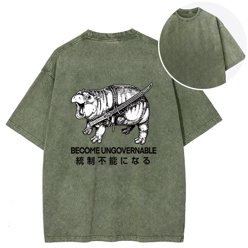 Tokyocanvas Moo Deng Carrying A Samurai Sword Back Washed T-Shirt