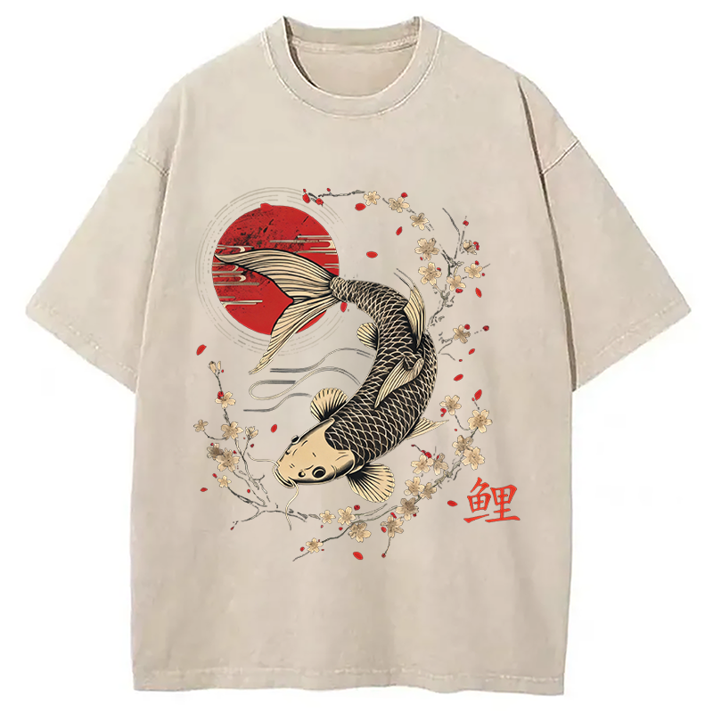 Tokyocanvas Kersenbloesem Koi Karper Washed T-Shirt