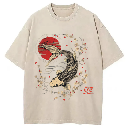 Tokyocanvas Kersenbloesem Koi Karper Washed T-Shirt