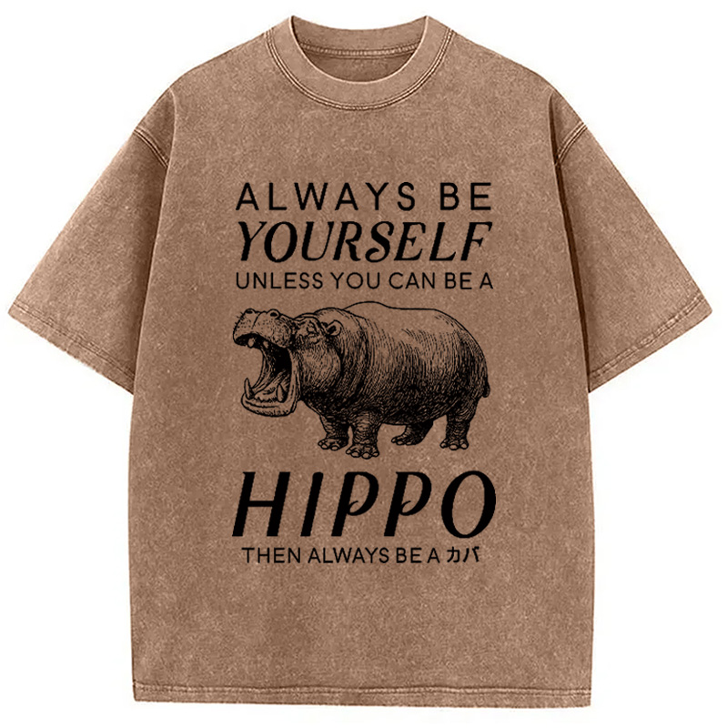 Tokyocanvas Funny Hippopotamu Washed T-Shirt
