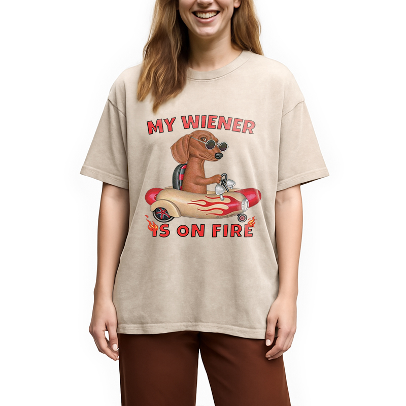 Tokyocanvas My Wiener Is On Fire Funny Dog Washed T-Shirt