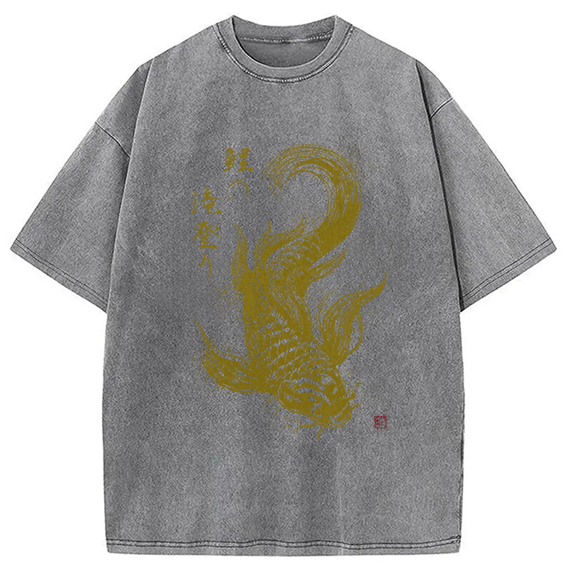 Tokyocanvas Koi Carp Japanese Calligraphy Washed T-Shirt