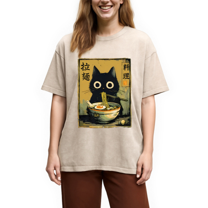 Tokyocanvas Cute Black Cat Eating Ramen Washed T-Shirt