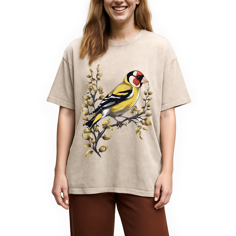 Tokyocanvas Goldfinch Bird Washed T-Shirt