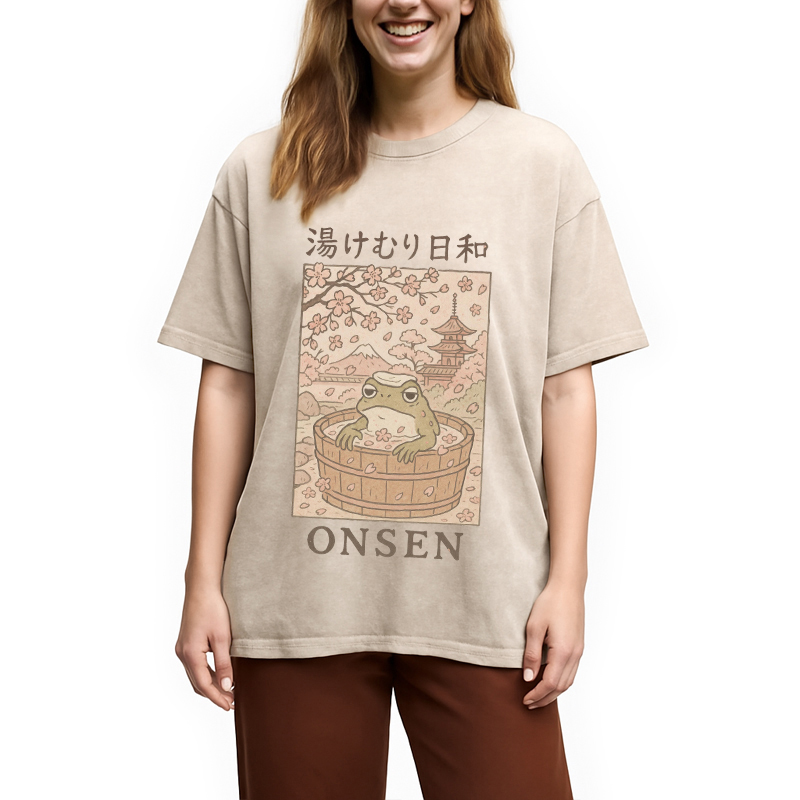 Tokyocanvas Onsen Frog Japanese Washed T-Shirt