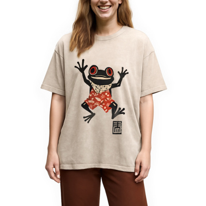 Tokyocanvas Japanese Happy Frog Ukiyoe Washed T-Shirt