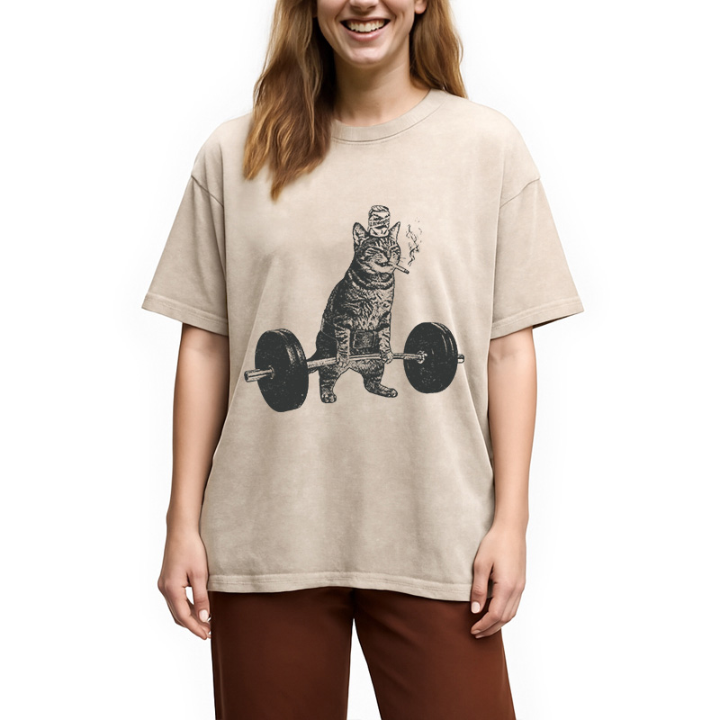 Tokyocanvas Funny Deadlift Cat Washed T-Shirt