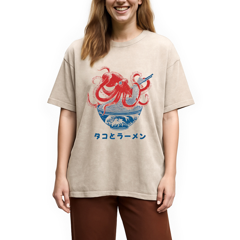 Tokyocanvas Octopus Eating Ramen Washed T-Shirt