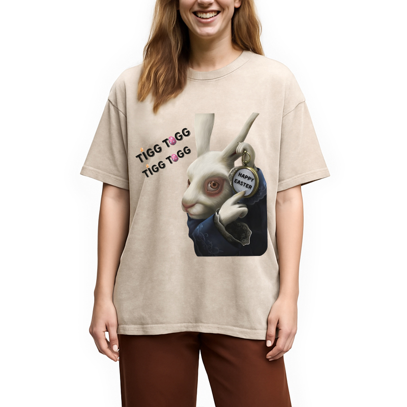 Tokyocanvas Tick Tock Funny Easter Bunny Washed T-Shirt