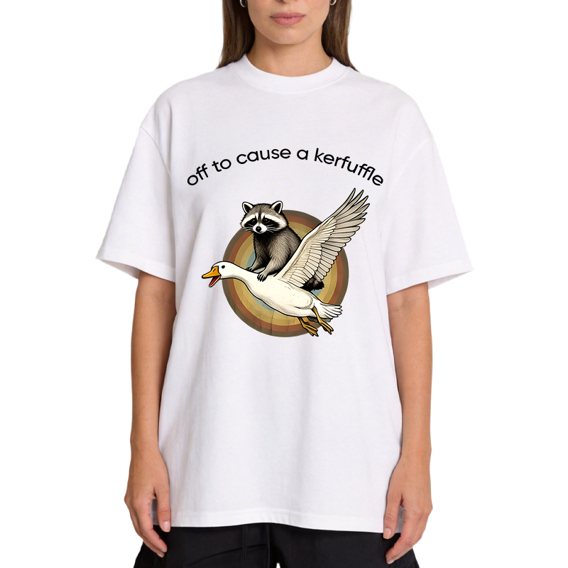 Tokyocanvas Off To Cause A Kerfuffle Funny Raccoon Riding Silly Goose Classic T-Shirt