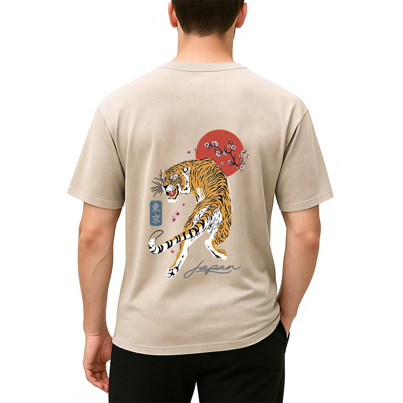 Tokyocanvas Tiger Blossom Japanese Sakura Back Washed T-Shirt