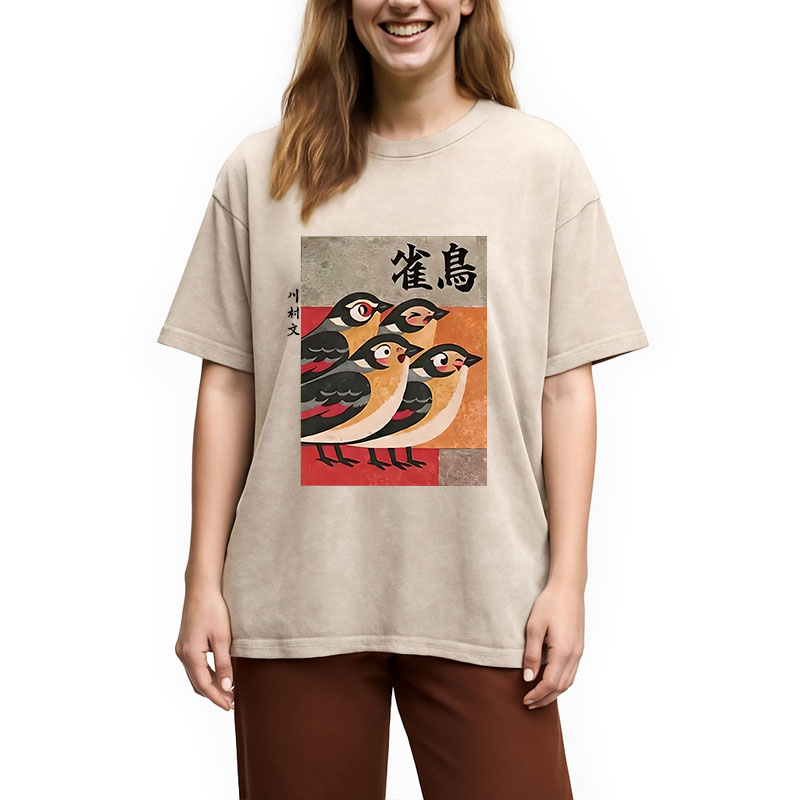 Tokyocanvas Cute Sparrows Washed T-Shirt
