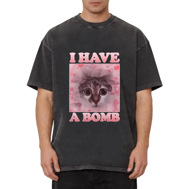 Tokyocanvas I Have a Bomb Funny Cat Dank Meme Washed T-Shirt