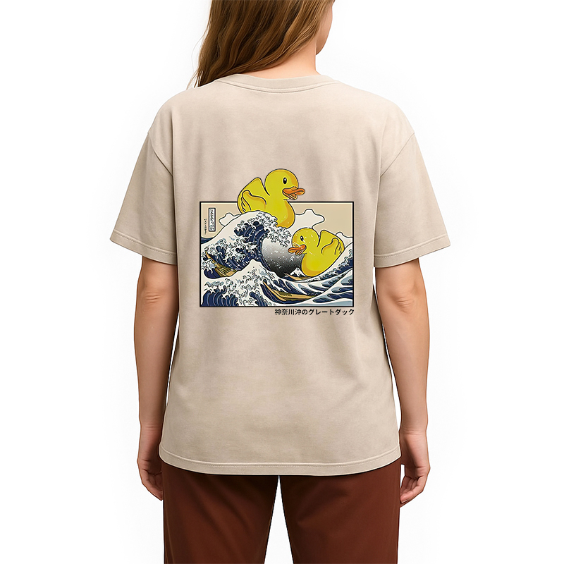 Tokyocanvas Ukiyoe Waves And Cute Yellow Duck Back Washed T-Shirt