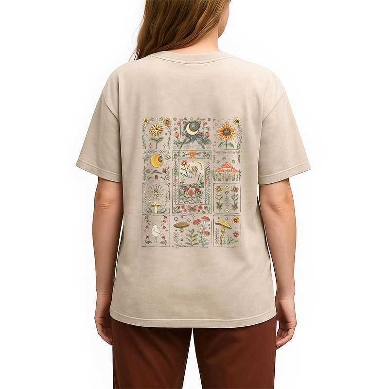 Tokyocanvas Frog Cottagecore Floral Whimsical Mushroom Back Washed T-Shirt