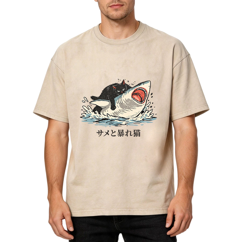 Tokyocanvas Fat Cat Vs Shark Washed T-Shirt