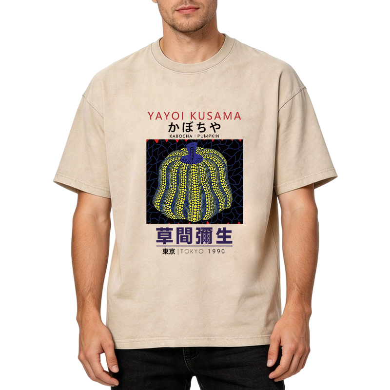 Tokyocanvas Art Navy Yellow Pumpkin Washed T-Shirt
