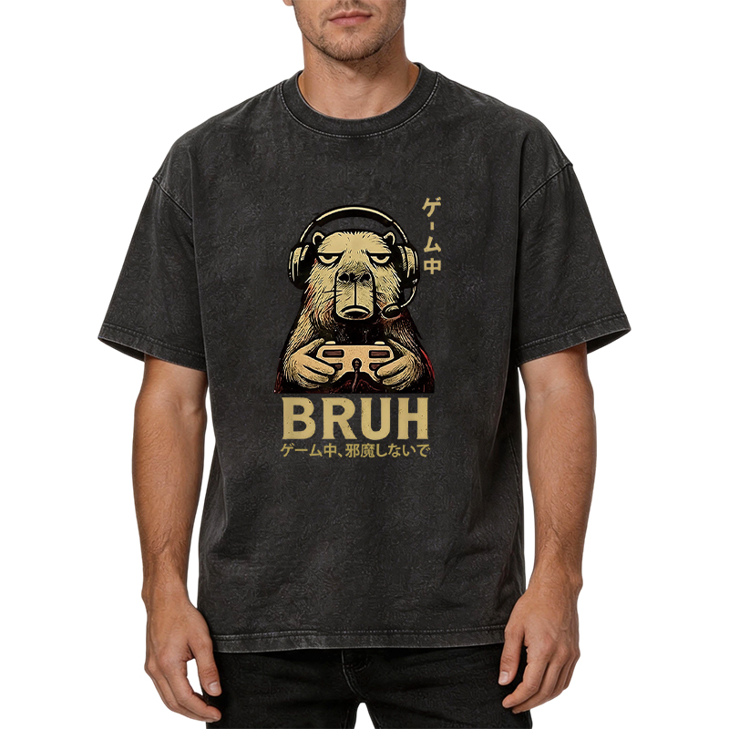 Tokyocanvas Capybara Gamer Bruh Funny Video Games Washed T-Shirt