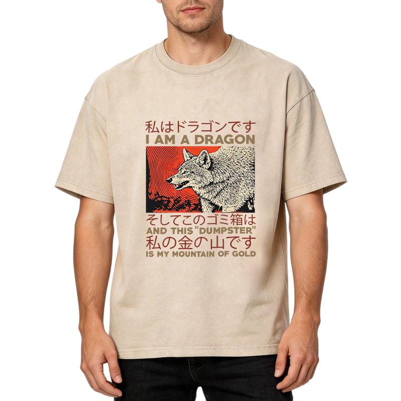 Tokyocanvas I Am A Dragon Coyote Raccoon Trash Graphic Washed T-Shirt